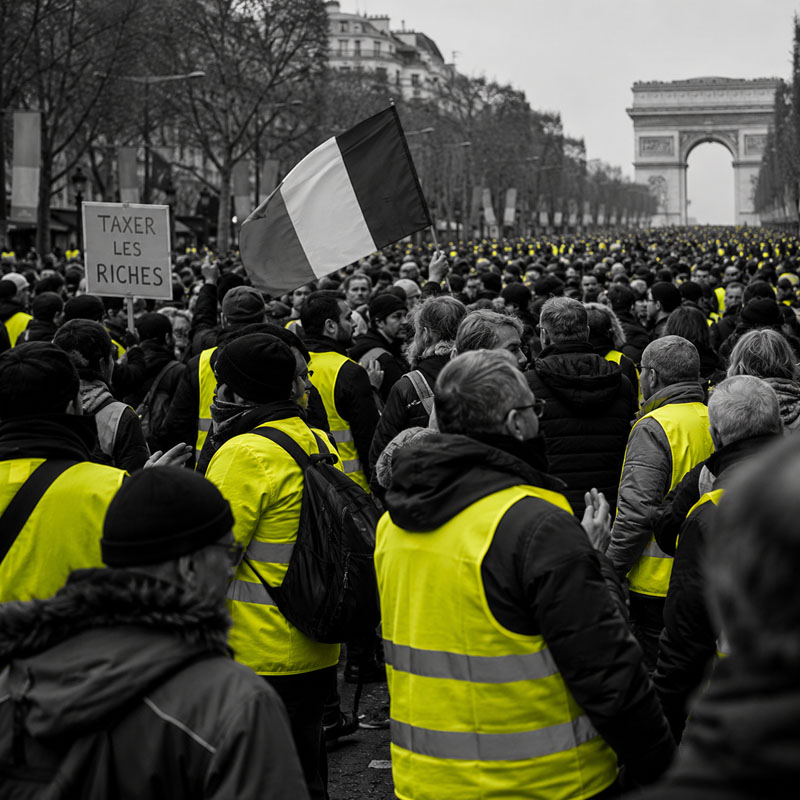 Cortège de manifestants marchant vers l'Arc de Triomphe, vu de l'intérieur du mouvement, traitement éditorial en niveaux de gris avec les gilets jaunes en couleur.